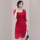 Elbow-sleeve Square-neck Plain Ruched Dress