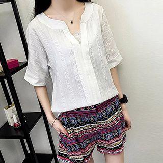 Split Neck Elbow Sleeve Top