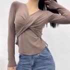 Long-sleeve V-neck Twist-front Top