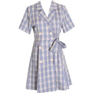 Short-sleeve Double-breasted Check A-line Blazer Dress