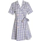 Short-sleeve Double-breasted Check A-line Blazer Dress