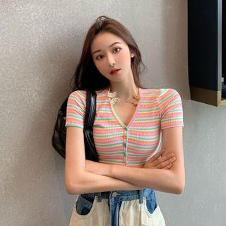 Short-sleeve Striped Crop Knit Top Pink - One Size