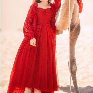 Spaghetti Strap Mesh Dress / Long Light Jacket