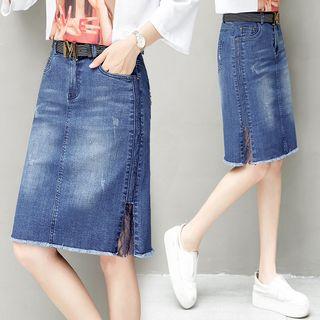 Frayed Hem Lace Paneled Denim Skirt
