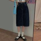 High-waist Stitch Slit Midi Denim Skirt