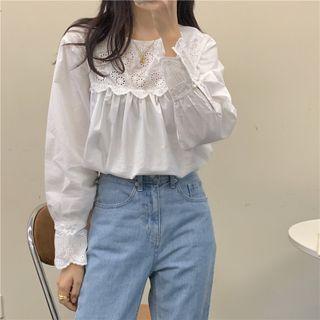 Long Sleeve Eyelet Lace Panel Blouse White - One Size