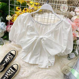 Bow-detail V-neck Puff-sleeve Blouse