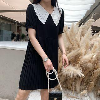 Short-sleeve Doll-collar Pleated Midi Dress