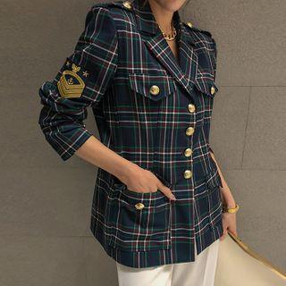 Military Badge Plaid Blazer Navy Blue - One Size