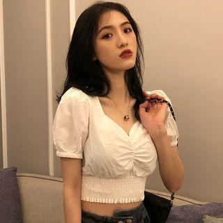 Puff-sleeve V-neck Crop Top