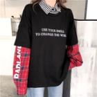 Mock Two Piece Plaid Panel Lettering Pullover