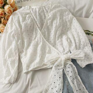 Eyelet Ribbon-hem Wrapped Crop Top White - One Size