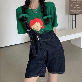 Short-sleeve Cartoon Print T-shirt / Asymmetrical Denim Jumper Shorts