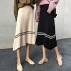 Plain Long-sleeve Knit Top / Striped Knit Midi A-line Skirt