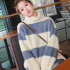 Color Block Turtleneck Loose Sweater Stripes - Blue & White - One Size