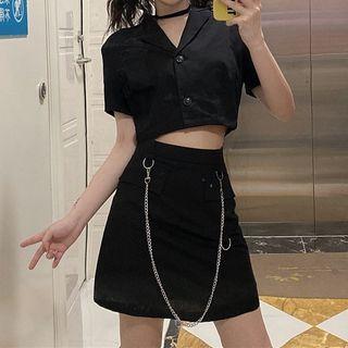 Short-sleeve Crop Shirt / Chained Mini Skirt