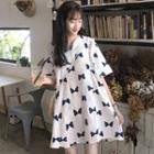 Elbow-sleeve Bow Print Mini Dress