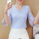 Set: Lace Elbow Sleeve Top + Flower Embroidered A-line Skirt