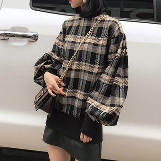 Balloon Sleeve Plaid Sweatshirt As Shown In Figure - One Size