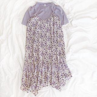 Short-sleeve Ruched T-shirt / Asymmetrical Hem Floral Printed Strappy Dress