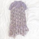 Short-sleeve Ruched T-shirt / Asymmetrical Hem Floral Printed Strappy Dress