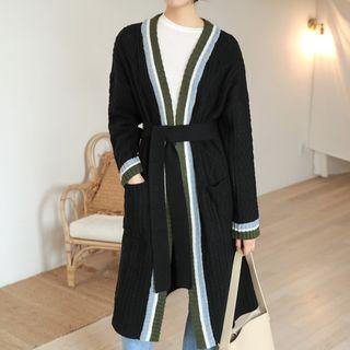 Open-front Cable-knit Long Cardigan With Sash Black - One Size