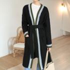 Open-front Cable-knit Long Cardigan With Sash Black - One Size