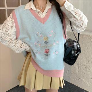 Lace Long-sleeve Shirt / Contrast Trim Knit Vest