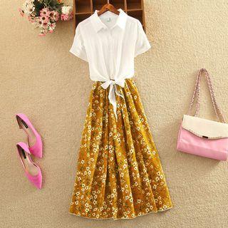 Set: Plain Short-sleeve Shirt + Floral Midi A-line Skirt