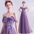 Off-shoulder Floral Applique A-line Gown