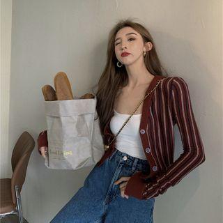 Striped V-neck Cardigan / Cropped Jeans