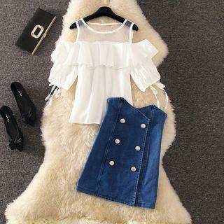 Elbow-sleeve Top / Double Breasted Denim Fitted Skirt / Set