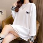 Long-sleeve Checkered Panel Distressed T-shirt