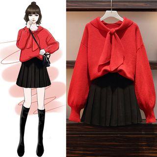 Tie-neck Lantern-sleeve Sweater / High-waist Pleated Skirt / Set