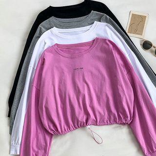 Lettering Print Crewneck Drawcord Long-sleeve T-shirt