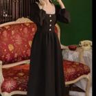 Long-sleeve Lace Trim Square-neck Midi Dress