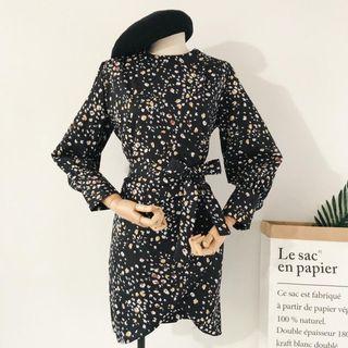 Floral Print Long-sleeve Tie-waist Sheath Dress