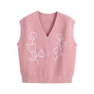 V-neck Flower Embroidered Sweater Vest