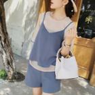 Set: Elbow-sleeve Top + Camisole Top + Plain Shorts