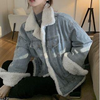 Fleece Trim Denim Jacket Blue - One Size