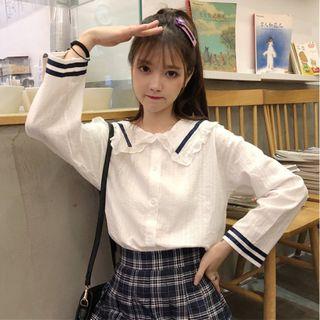 Contrast Trim Long-sleeve Blouse White - One Size