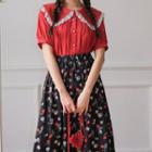 High-waist Cherry Printed Midi Skirt / Short-sleeve Lace Trim Peter Pan Collar Shirt