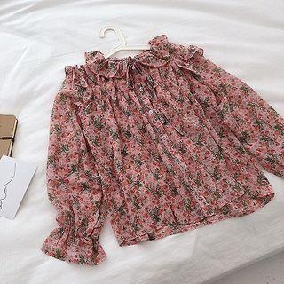 Floral Lace-up Chiffon Flare-sleeve Blouse