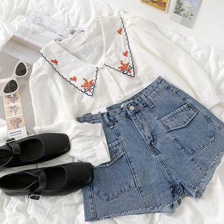 Long-sleeve Floral Embroidered Collar Blouse White - One Size