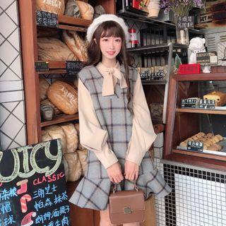 Lantern-sleeve Blouse / Plaid Ruffle Hem Mini A-line Pinafore Dress