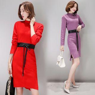 Long-sleeve Mock Collar Knit Dress With Belt