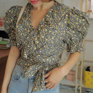 Puff-sleeve Floral Print Blouse As Shown In Figure - One Size