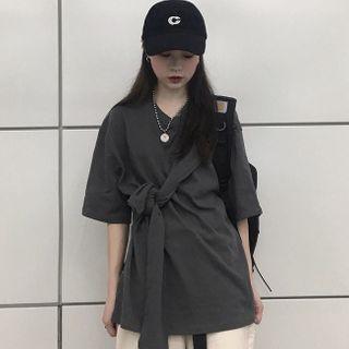 Elbow-sleeve Sashed T-shirt Gray - One Size