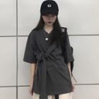 Elbow-sleeve Sashed T-shirt Gray - One Size