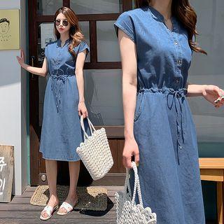 Cap-sleeve Drawstring-waist Denim Dress Blue - One Size